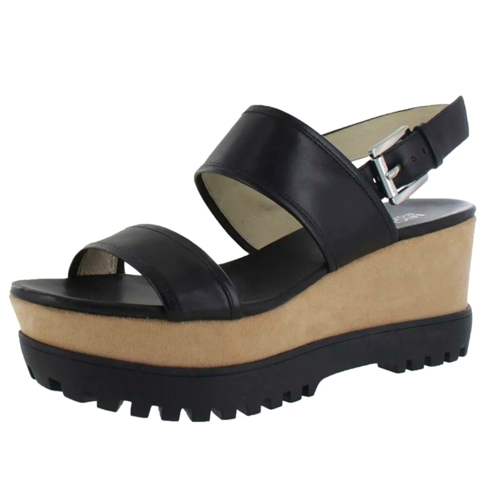 Black Leather Wedge Heel Sandals Michael Kors Gillian Size 9 NIB